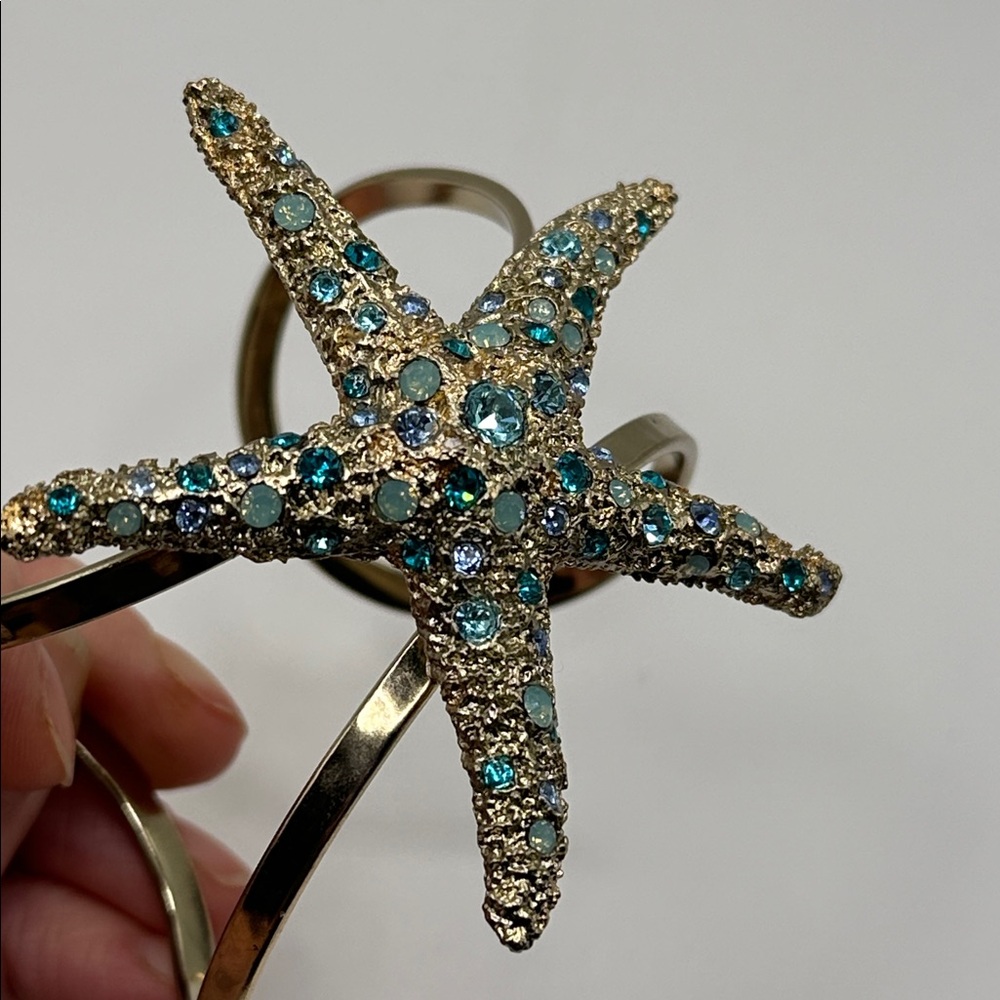 Lot of 2 Starfish Bracelets - Cuff, Gold Tone & Silvertone, Gemstones Green Blue - Picture 4 of 7
